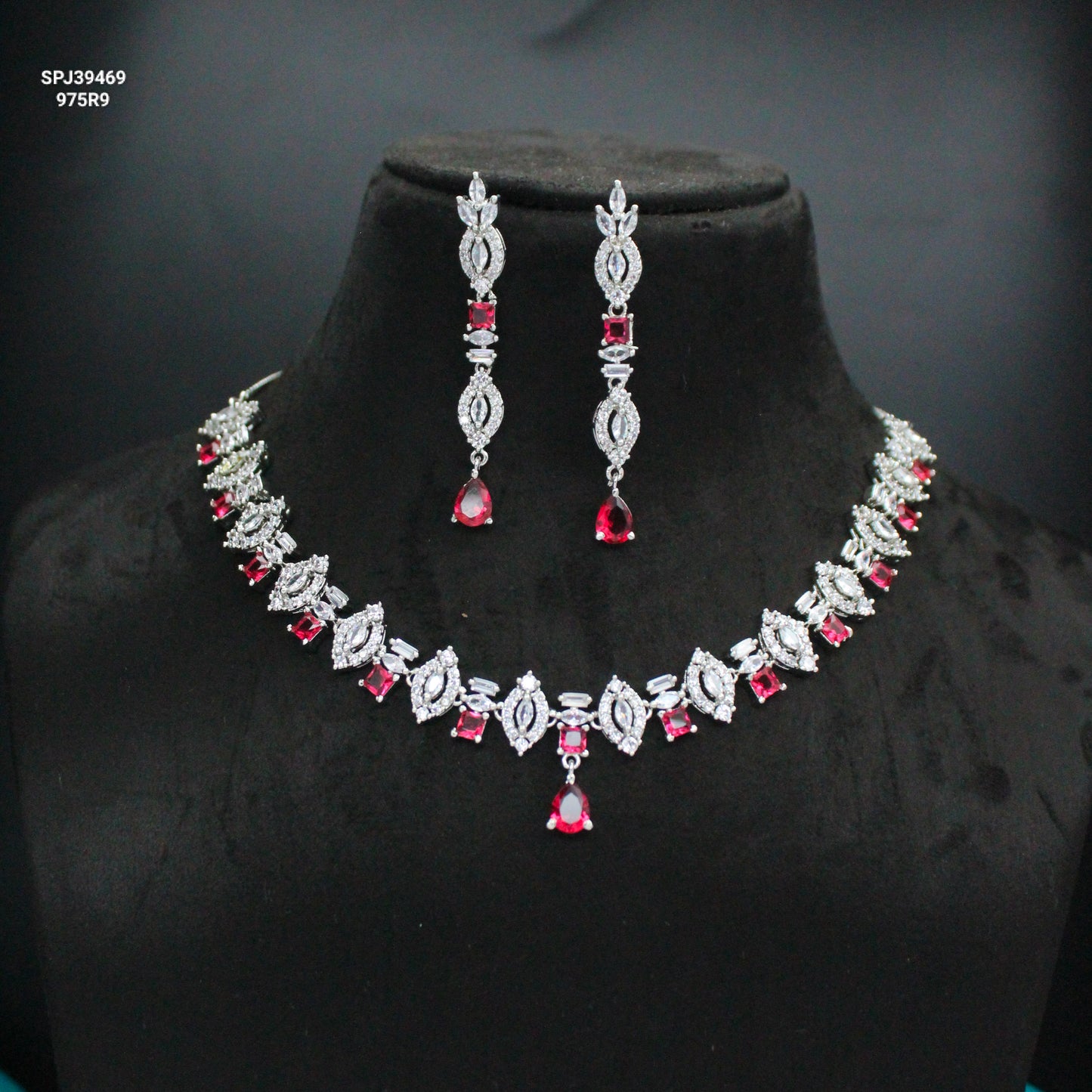 Platinum Red Stone Short Necklace Set SP-39469