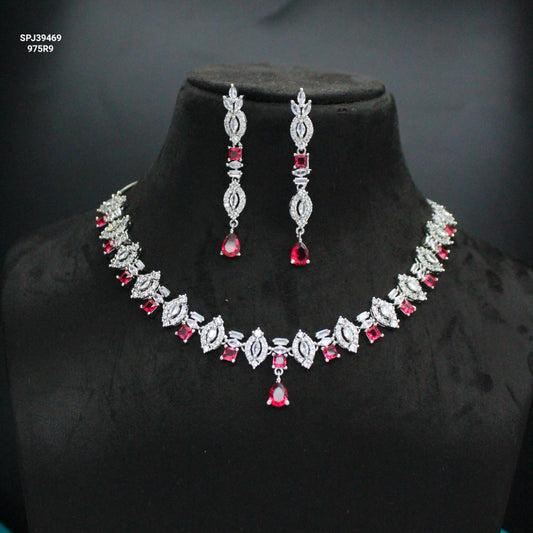 Platinum Red Stone Short Necklace Set SP-39469