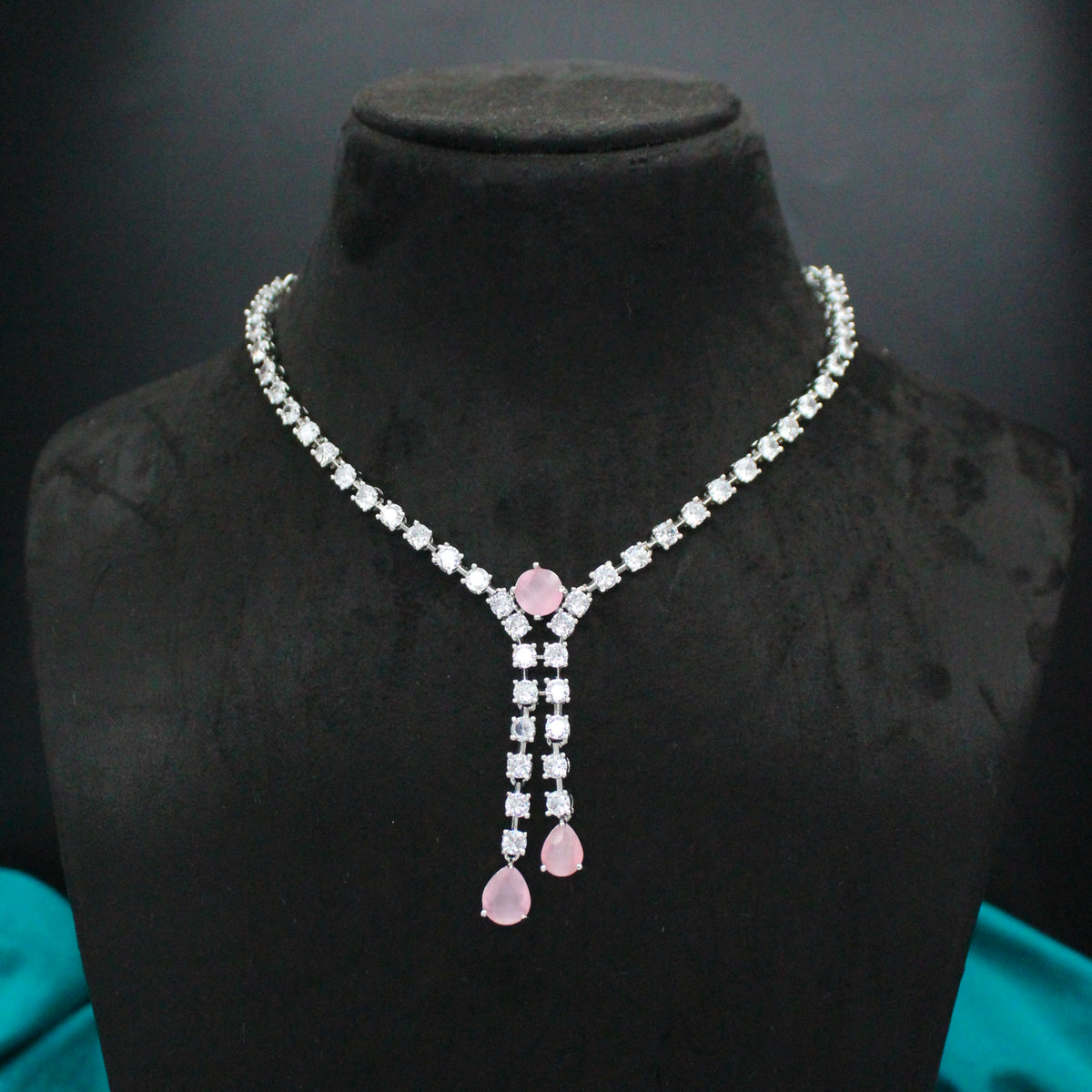 Light Pink Silver AD Short Necklace Set 41400