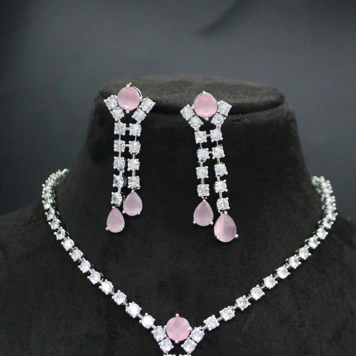 Light Pink Silver AD Short Necklace Set 41400