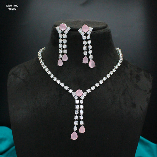 Light Pink Silver AD Short Necklace Set 41400