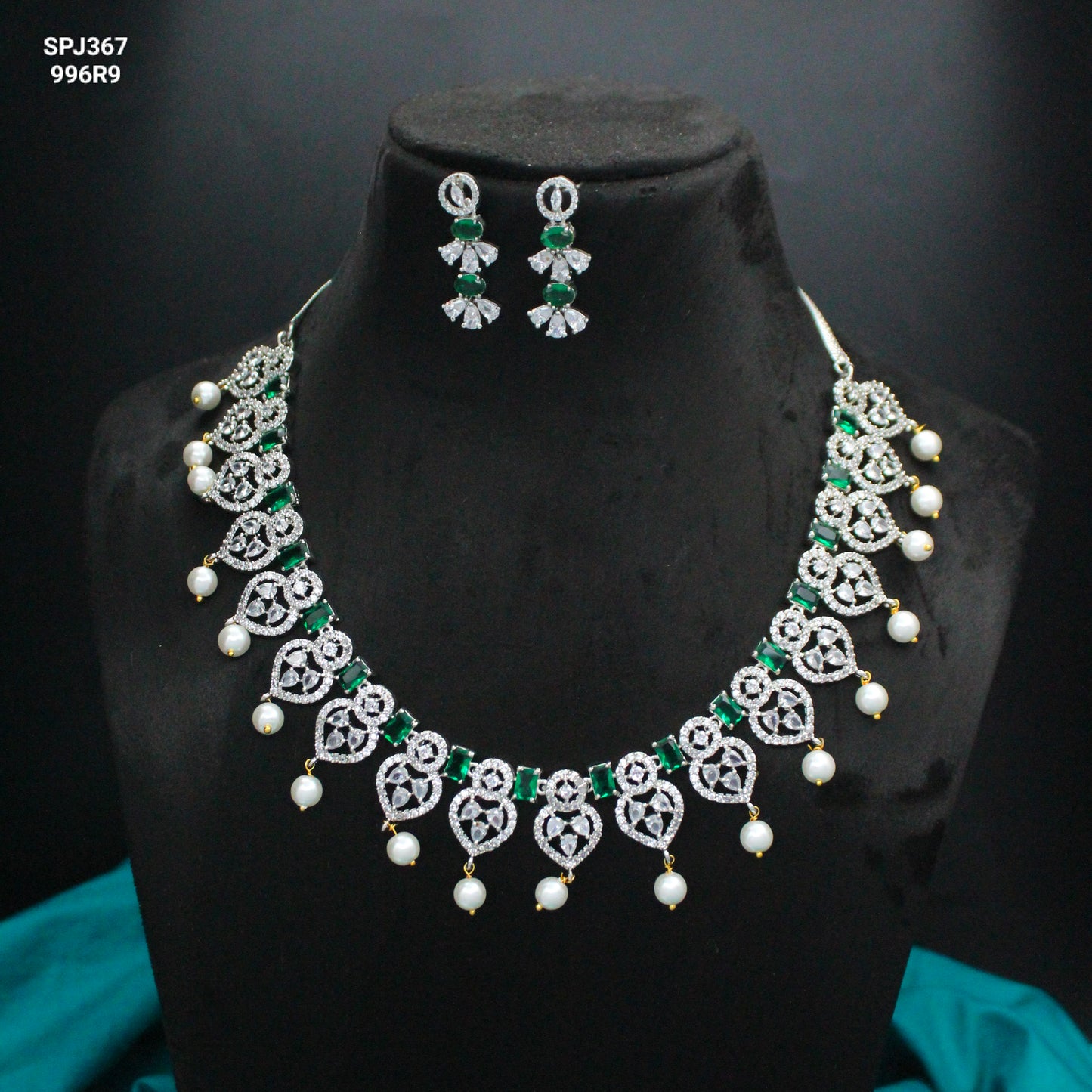 Platinum Heart & Green Square Stone Necklace SP-367