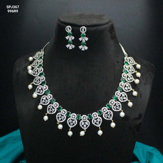 Platinum Heart & Green Square Stone Necklace SP-367