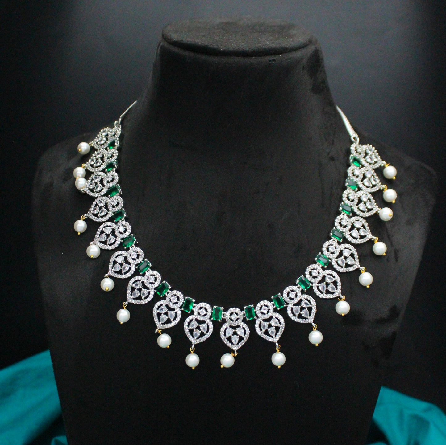 Platinum Heart & Green Square Stone Necklace SP-367