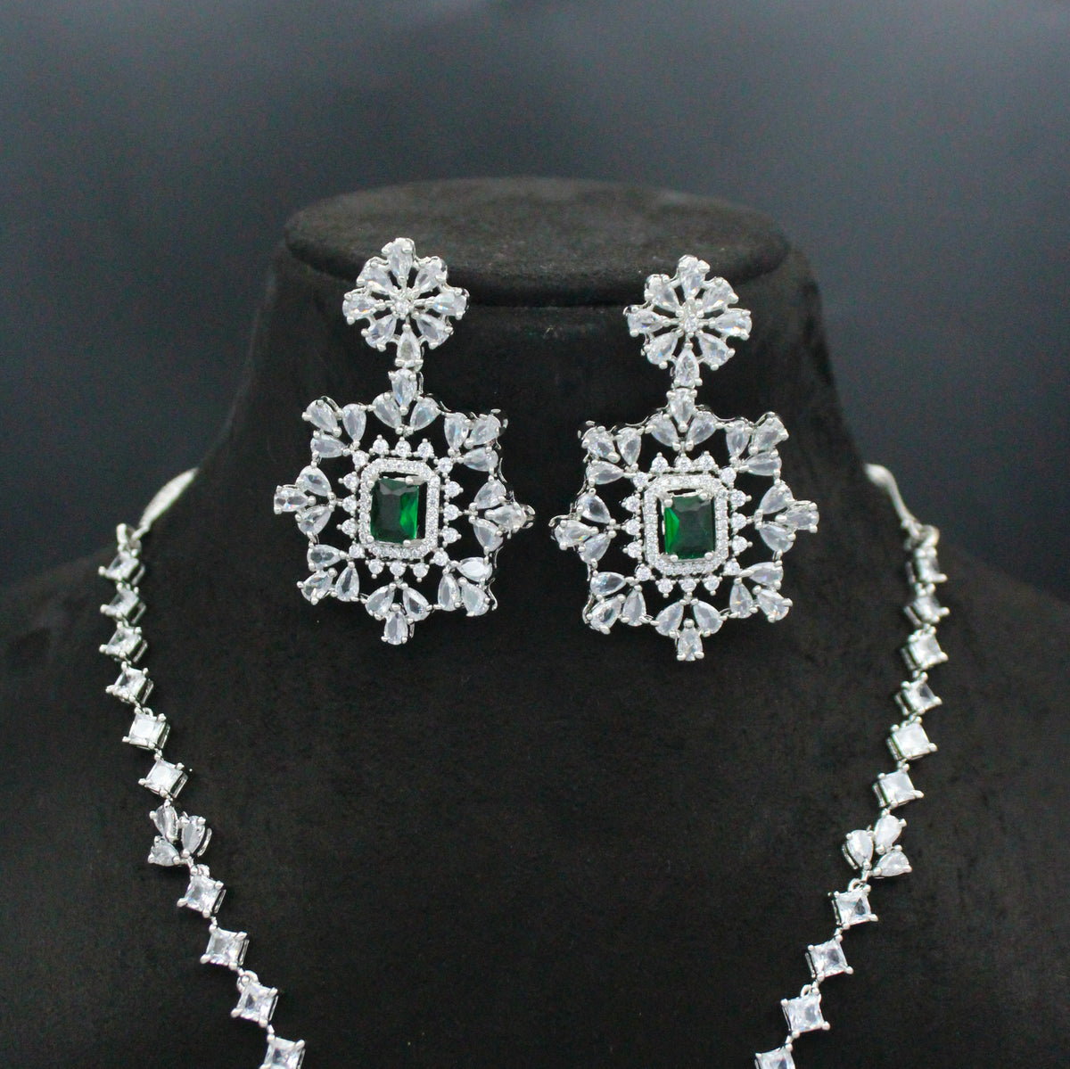 Platinum Dark Green Stone Necklace SP-21995
