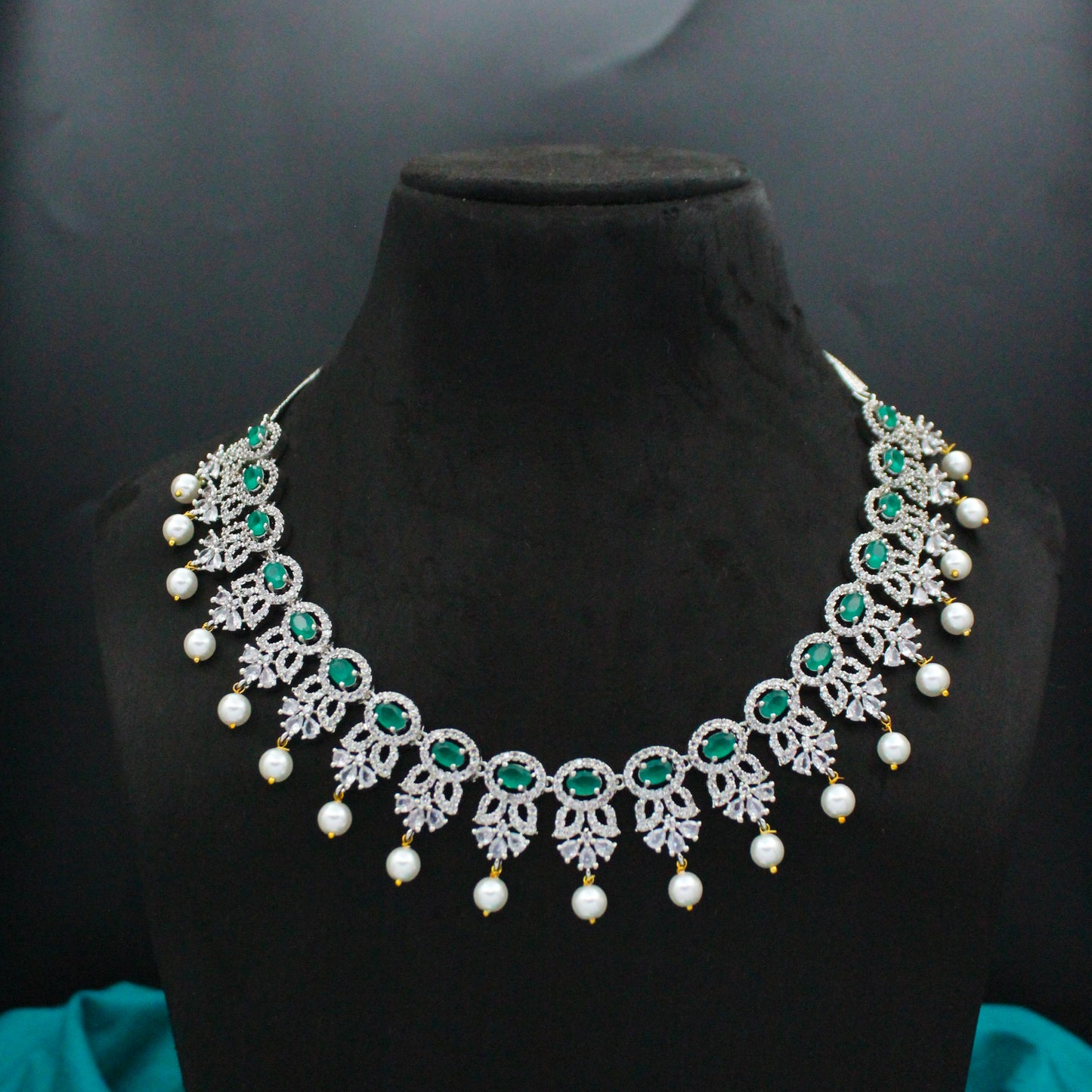 Platinum AD Stone Necklace with Pearls SP-391