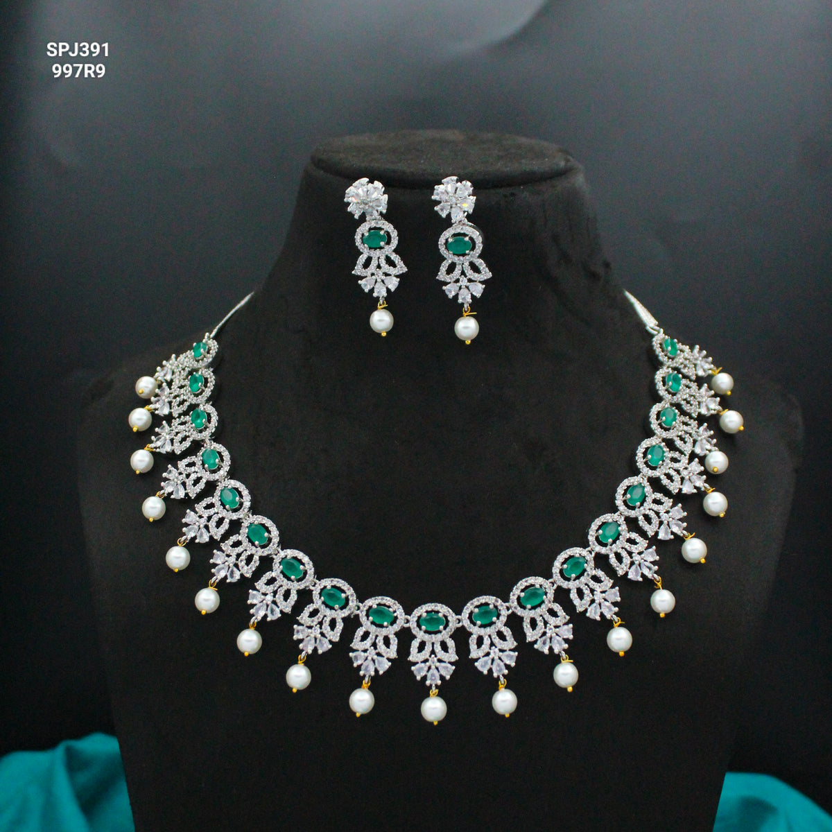 Platinum AD Stone Necklace with Pearls SP-391