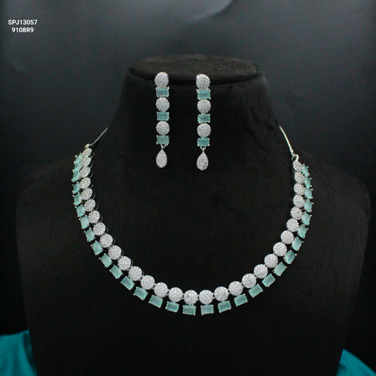 Platinum mint green AD Stone Necklace SP-13057