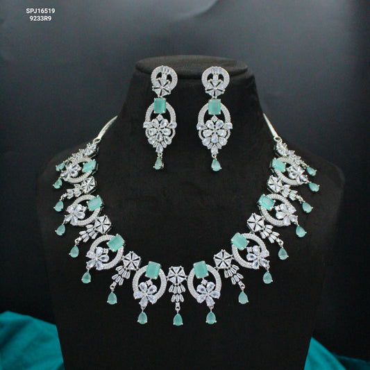 Platinum Aqua Green Necklace Set with Earrings, Finger Ring & Maang Tikka SP-16519