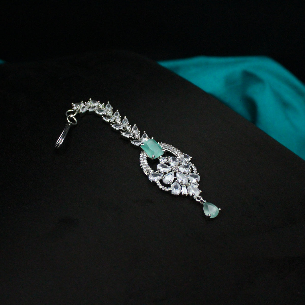 Platinum Aqua Green Necklace Set with Earrings, Finger Ring & Maang Tikka SP-16519