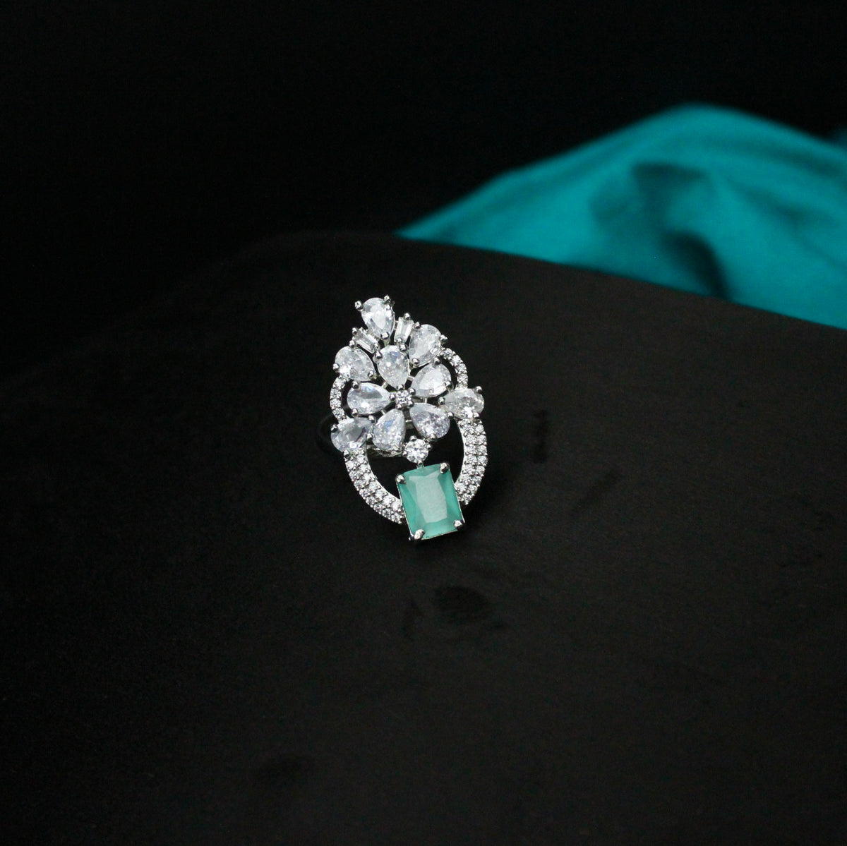 Platinum Aqua Green Necklace Set with Earrings, Finger Ring & Maang Tikka SP-16519