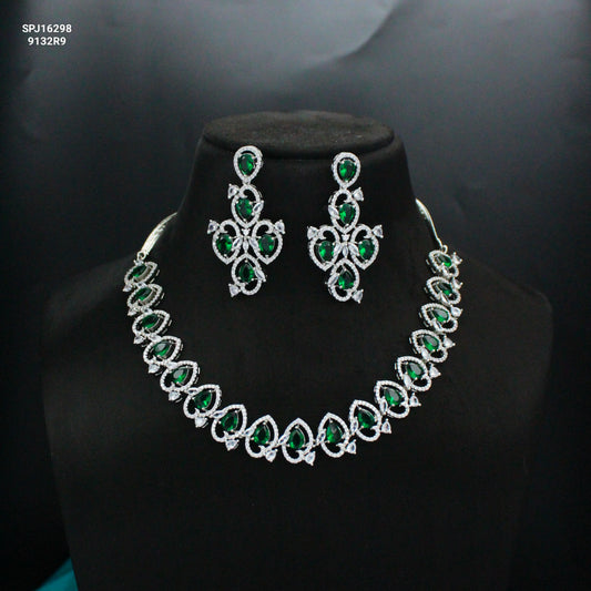 Platinum AD Stone Necklace Set with Earrings & Maang Tikka SP-16298