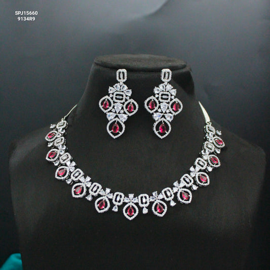 Platinum Single-Line Red Stone Short Necklace SP-15660
