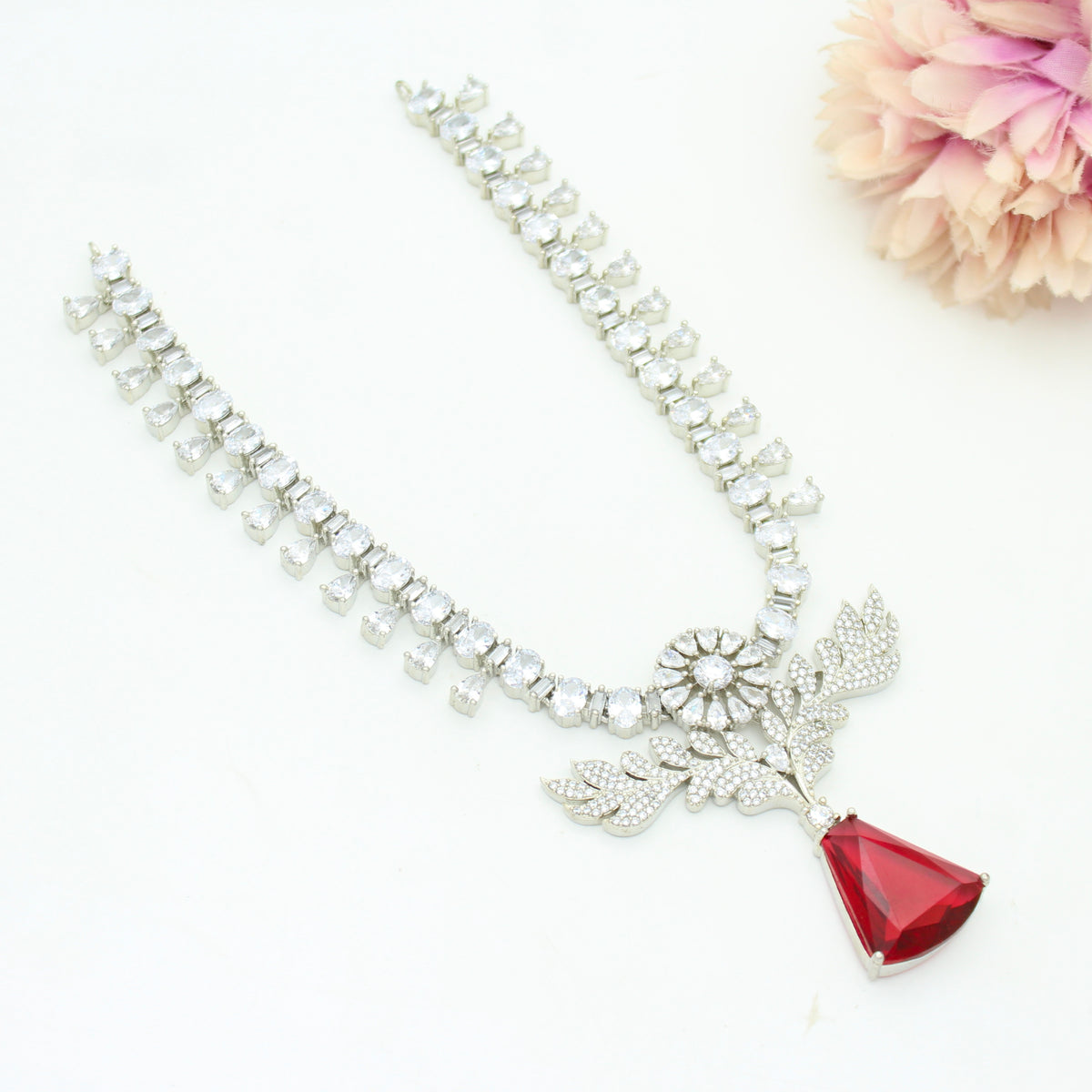 Platinum Red Stone Short Necklace SP-26638