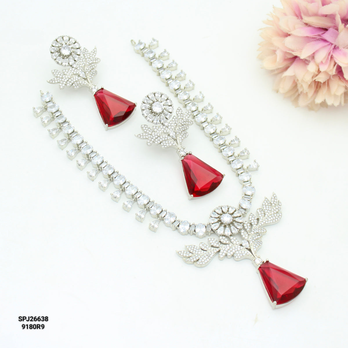 Platinum Red Stone Short Necklace SP-26638