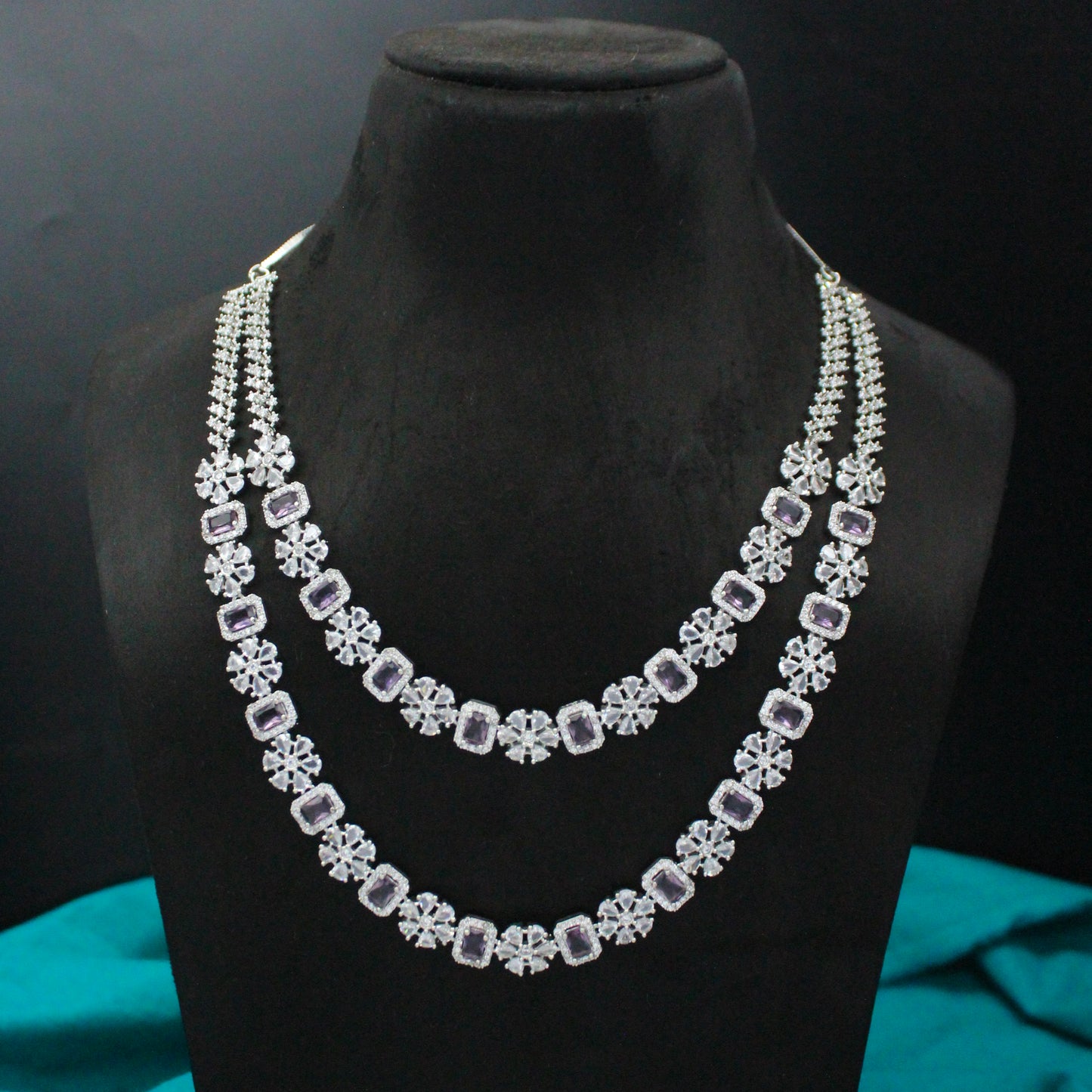 Amethyst Double-Layer CZ Necklace Set with Earrings SP-38871