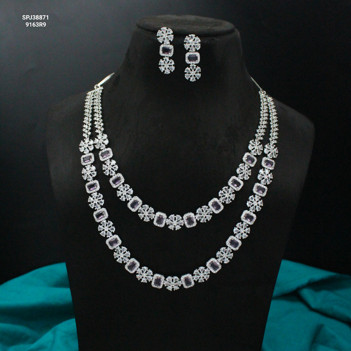 Amethyst Double-Layer CZ Necklace Set with Earrings SP-38871