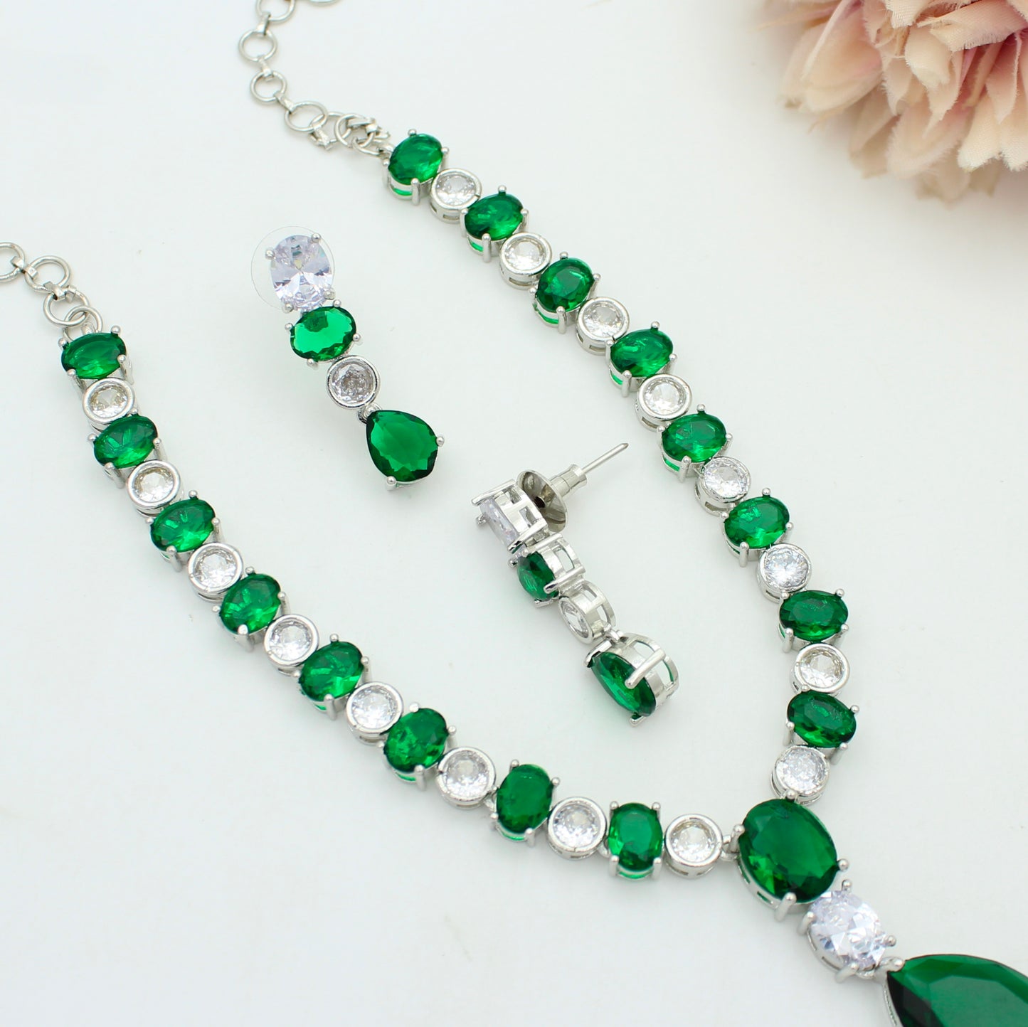 Platinum Green Stone Necklace Set SP-37590