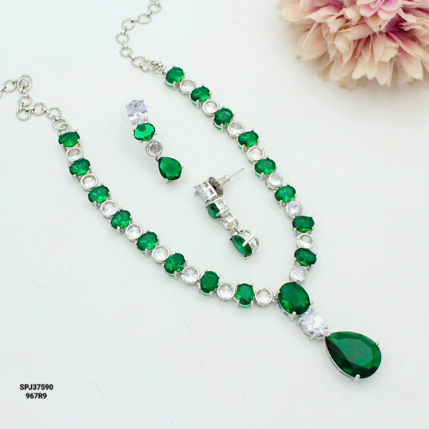 Platinum Green Stone Necklace Set SP-37590