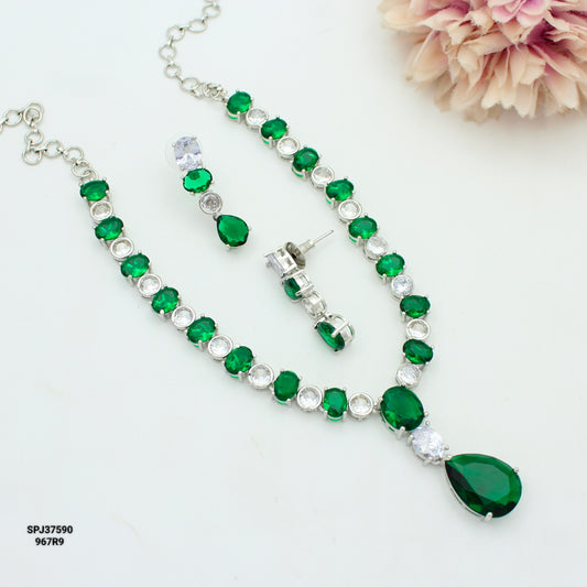 Platinum Green Stone Necklace Set SP-37590