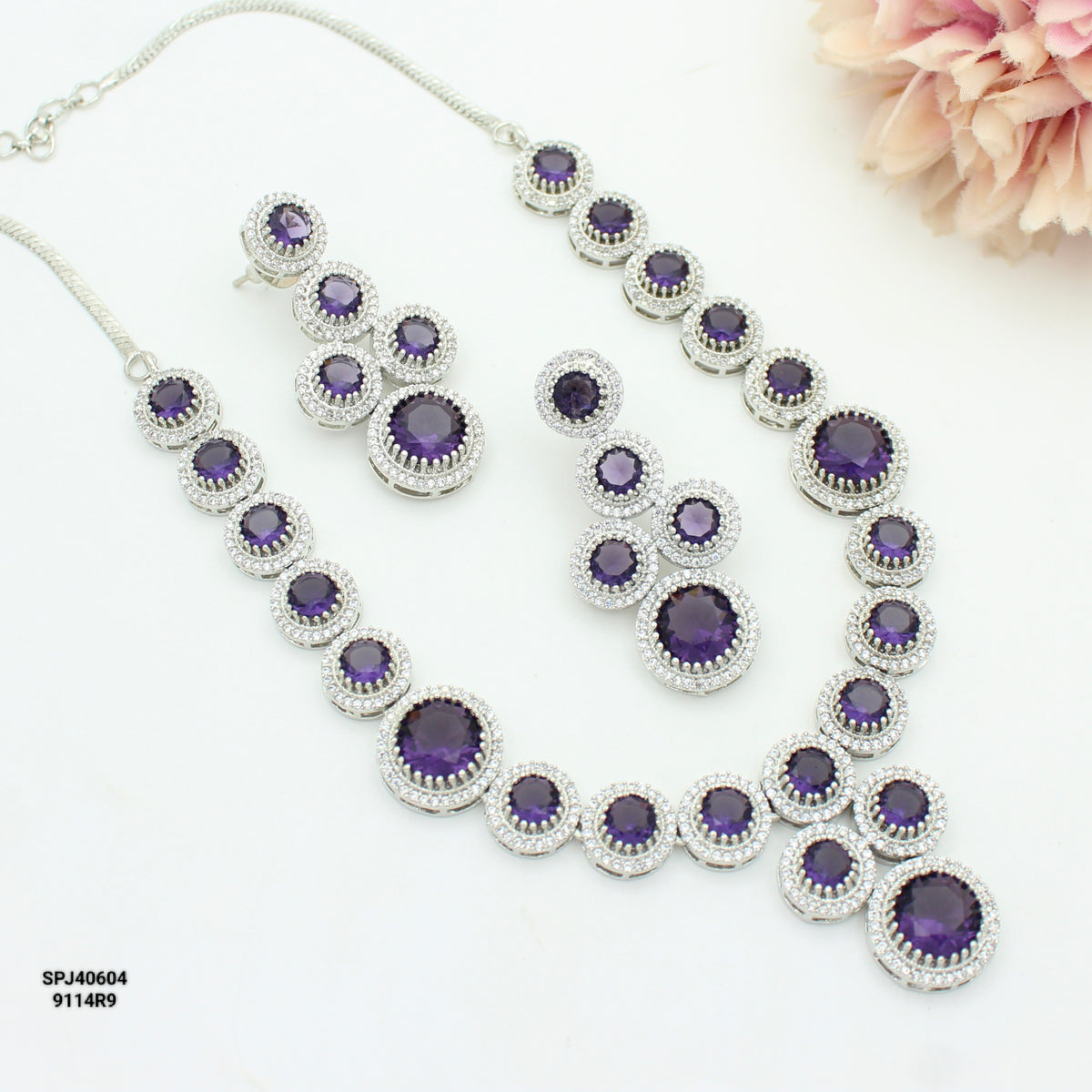 Platinum Purple Stone Necklace Set SP-40604