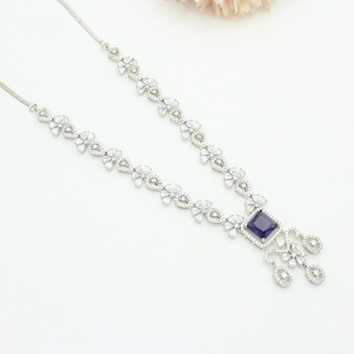 Platinum Purple Stone Short Necklace Set SP-40597