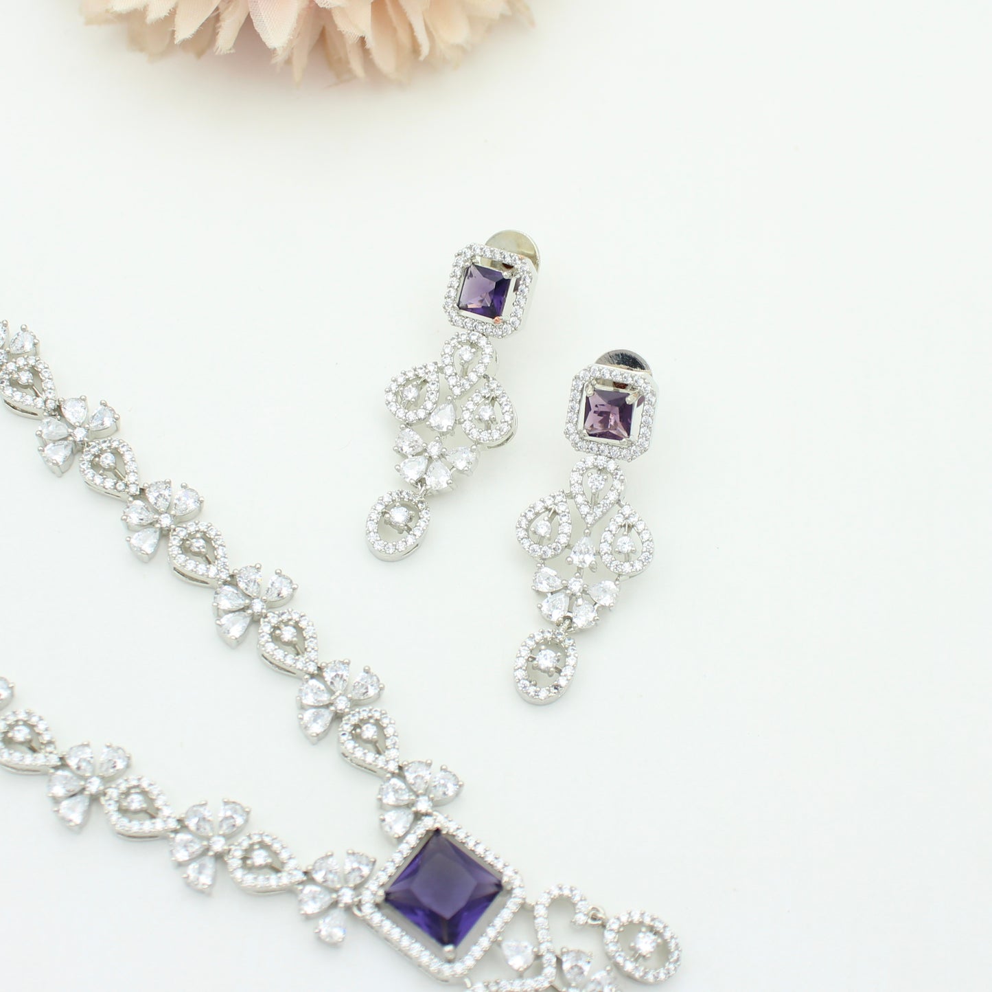 Platinum Purple Stone Short Necklace Set SP-40597