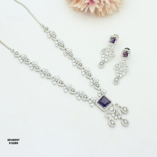 Platinum Purple Stone Short Necklace Set SP-40597