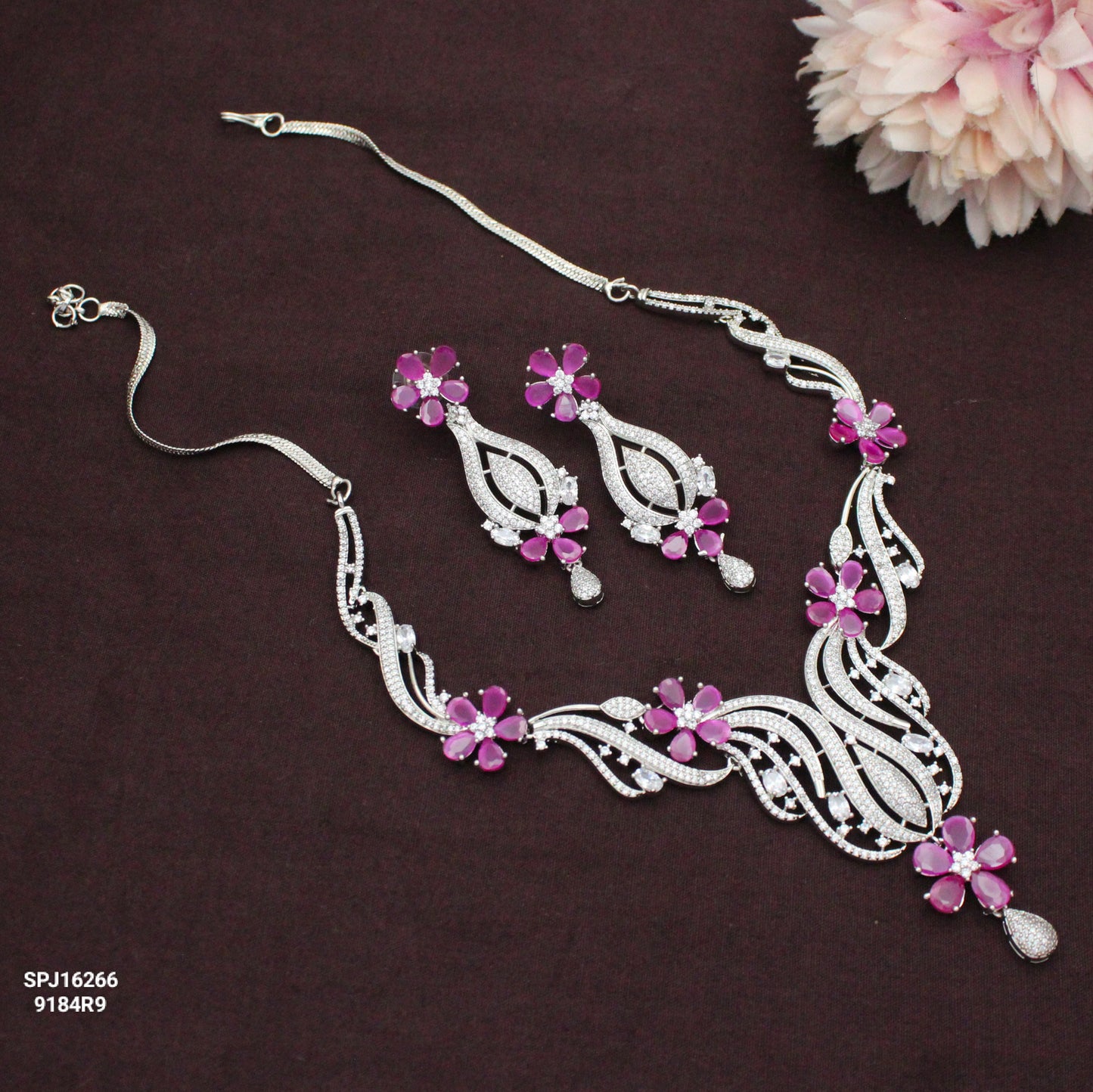 Platinum Floral Long Pink Necklace Set SP-16266