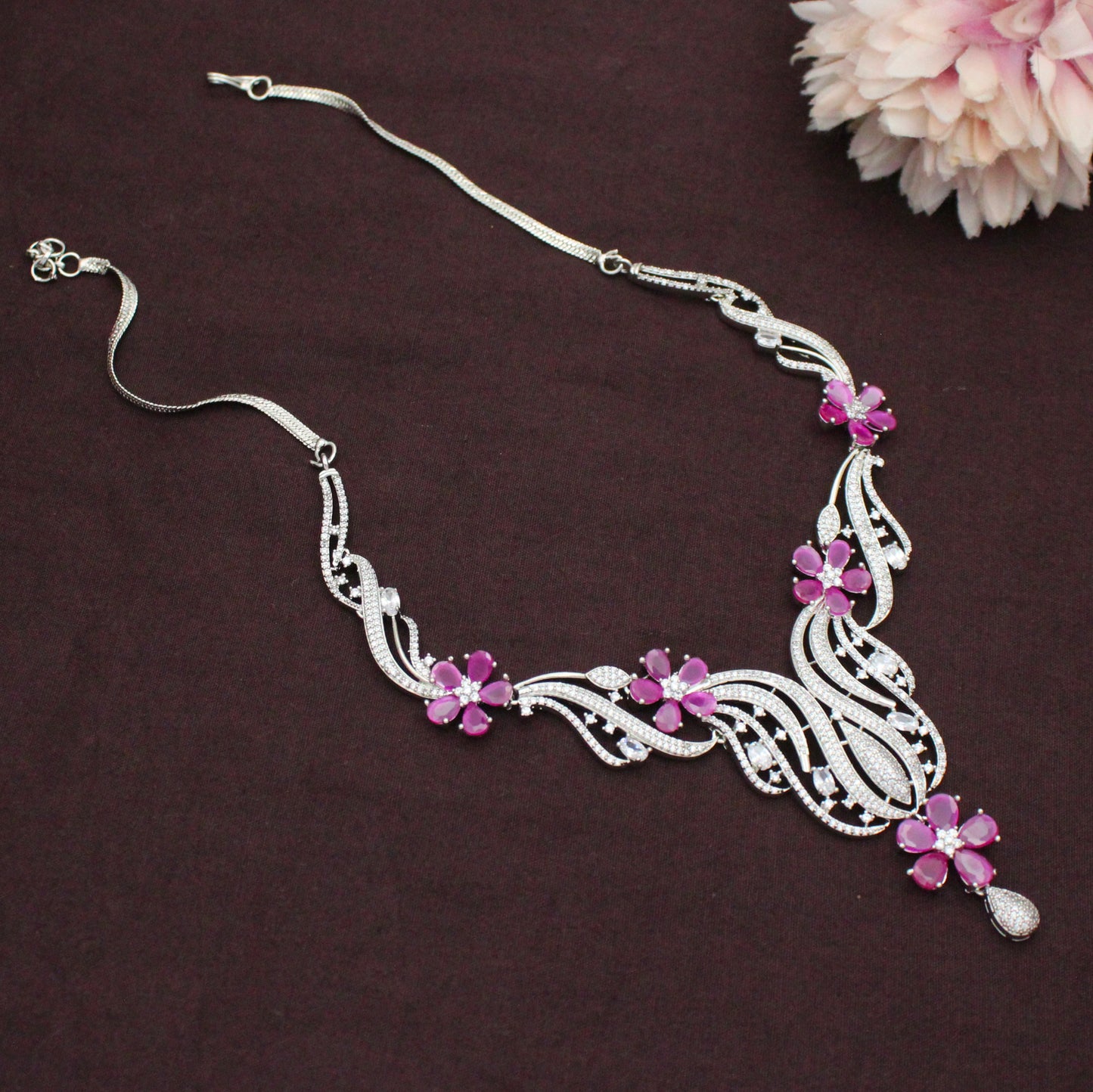 Platinum Floral Long Pink Necklace Set SP-16266