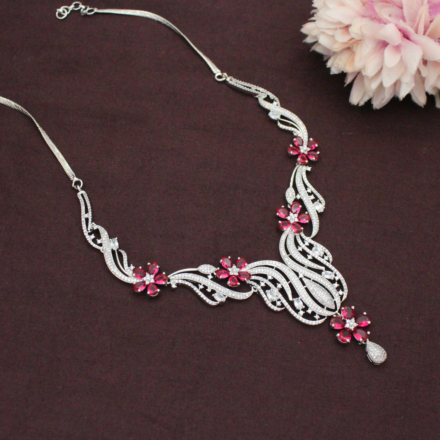Platinum Floral Long Red Necklace Set SP-16263