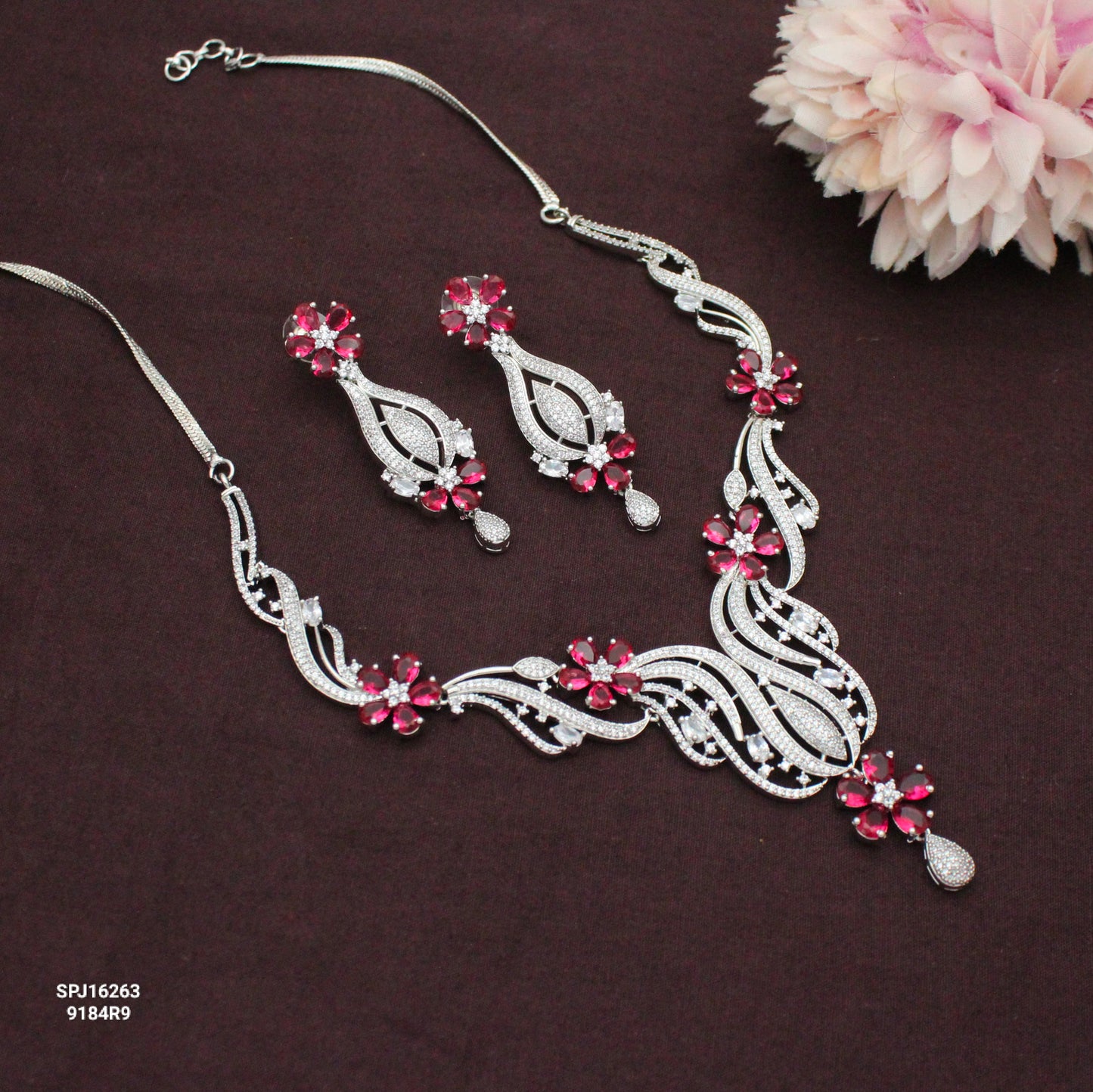 Platinum Floral Long Red Necklace Set SP-16263