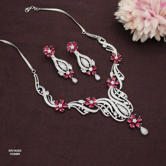 Platinum Floral Long Red Necklace Set SP-16263