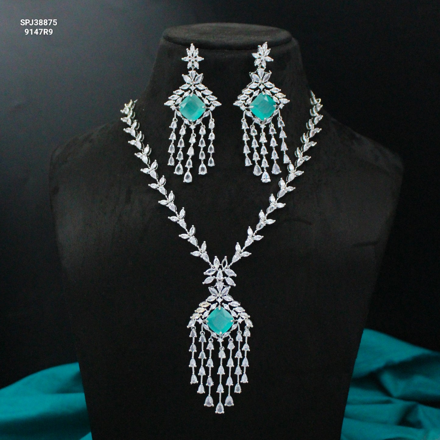 Platinum Mint Blue Hangings Short Necklace Set 38875