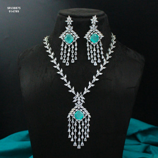 Platinum Mint Blue Hangings Short Necklace Set 38875
