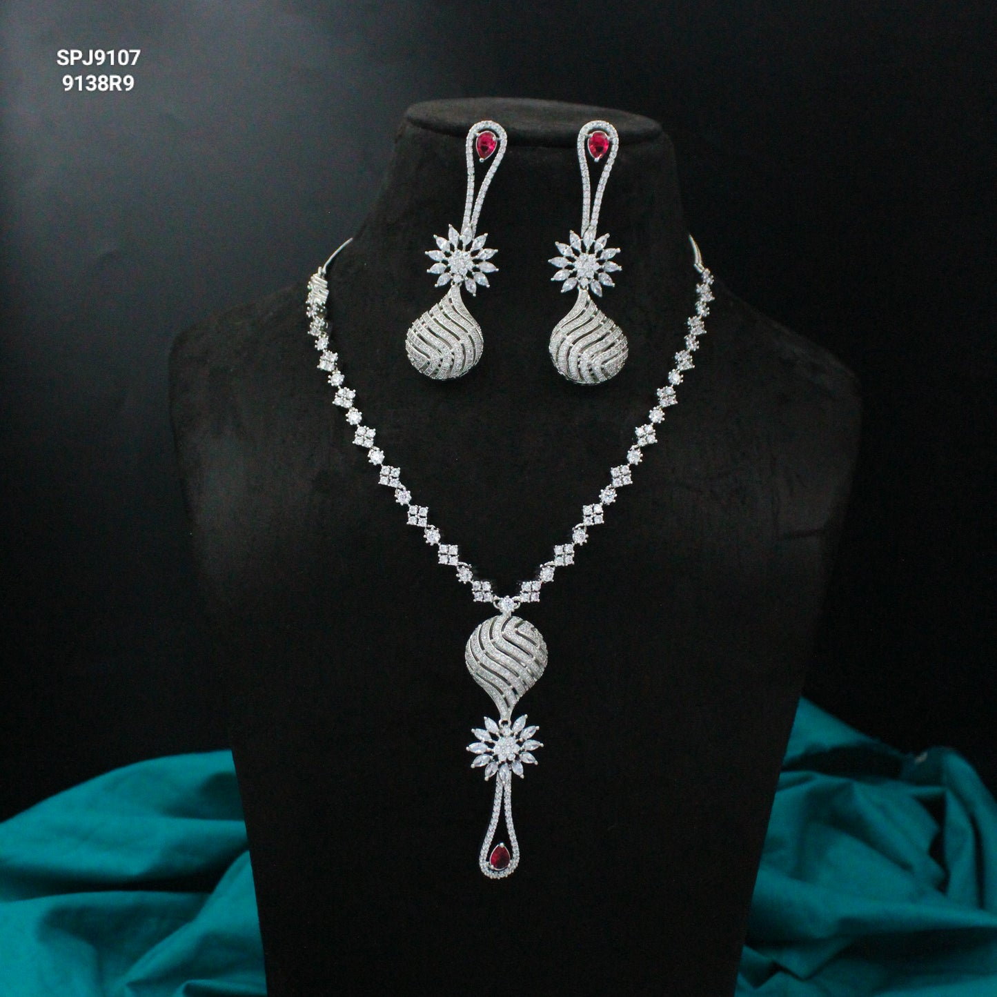 Platinum Red Fancy Short Necklace Set With Push Back Earrings 9107