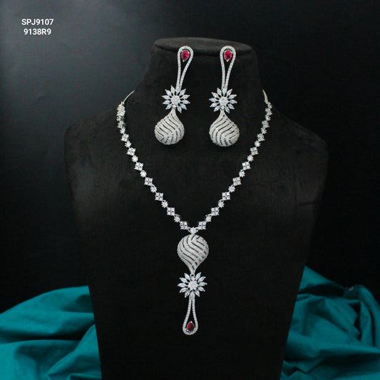 Platinum Red Fancy Short Necklace Set With Push Back Earrings 9107