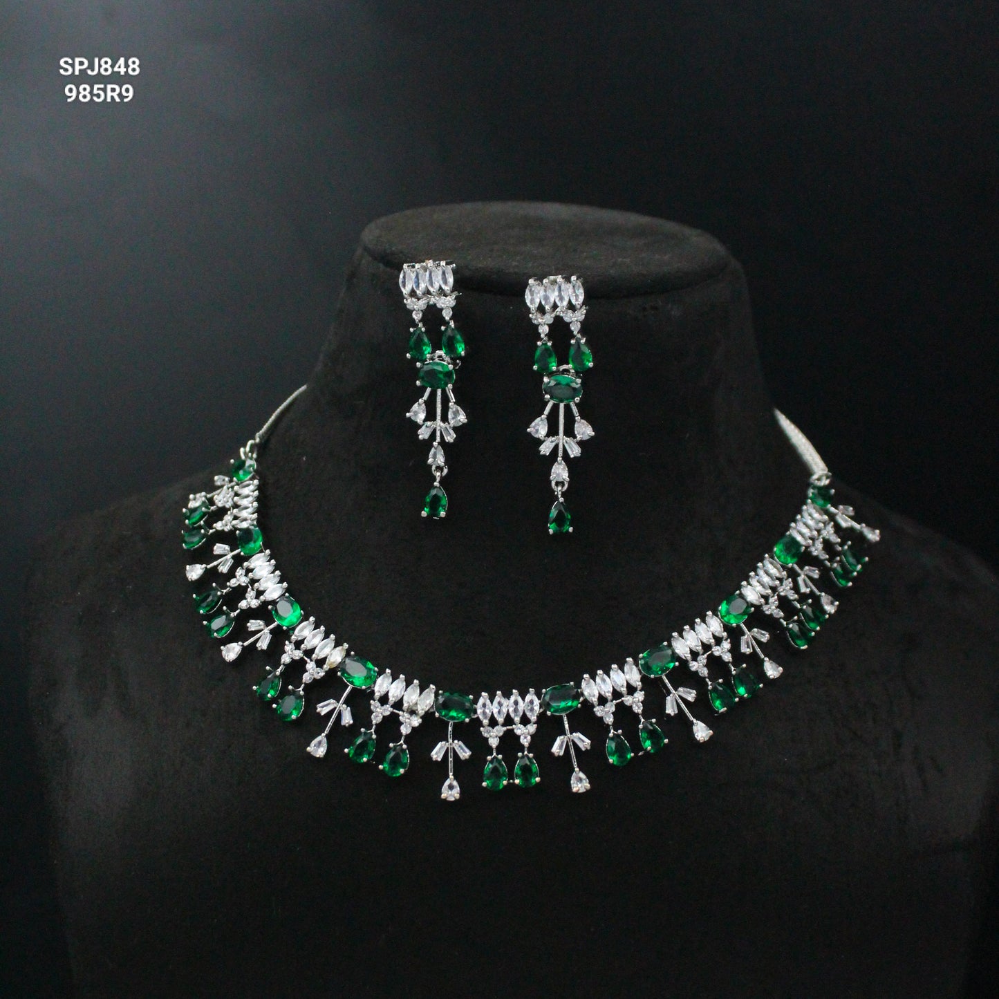 Platinum Green Drop Short Necklace Set With Push Back Earrings 848
