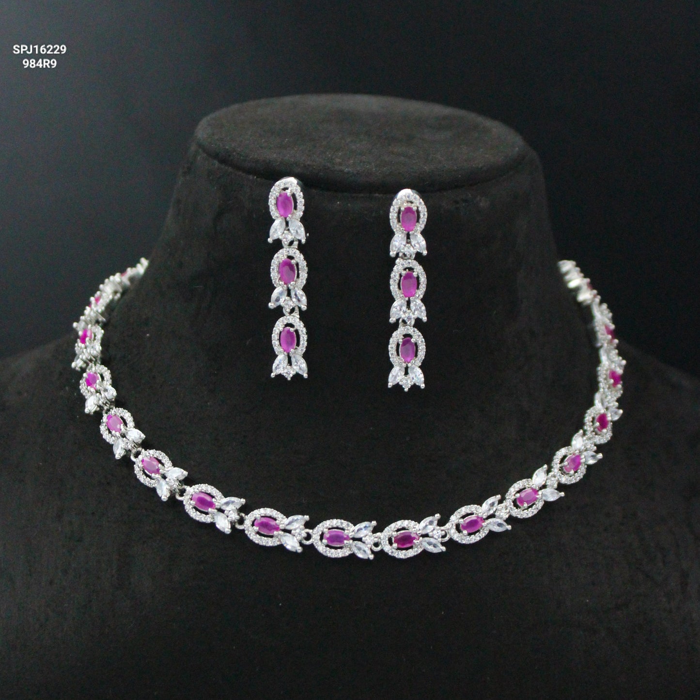 Platinum Dark Pink Short Necklace Set With Push Back Earrings 16229