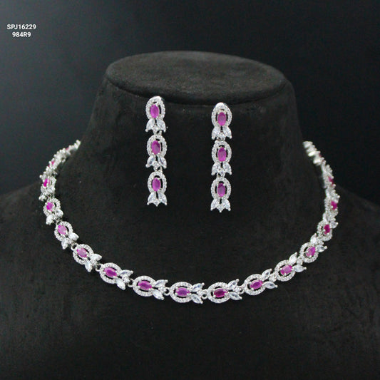 Platinum Dark Pink Short Necklace Set With Push Back Earrings 16229