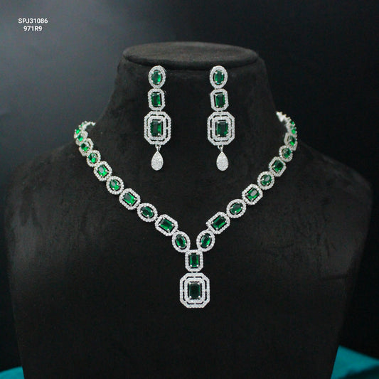 Platinum Green Short Necklace Set With Push Back Earrings 31086