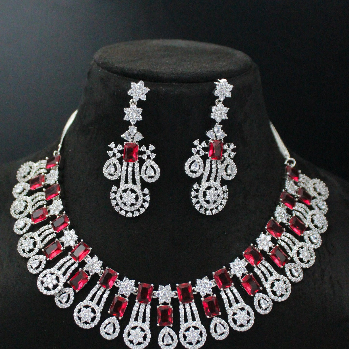 Platinum Ruby Short Drop Necklace Set With Push Back Earrings 896