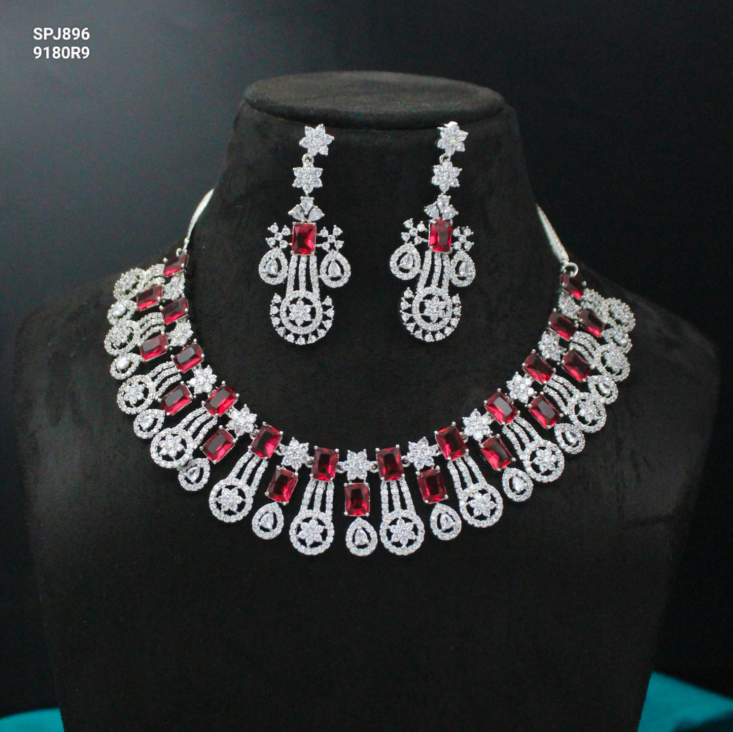 Platinum Ruby Short Drop Necklace Set With Push Back Earrings 896
