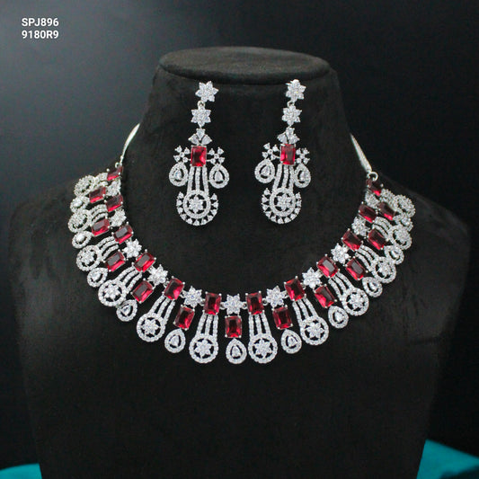 Platinum Ruby Short Drop Necklace Set With Push Back Earrings 896