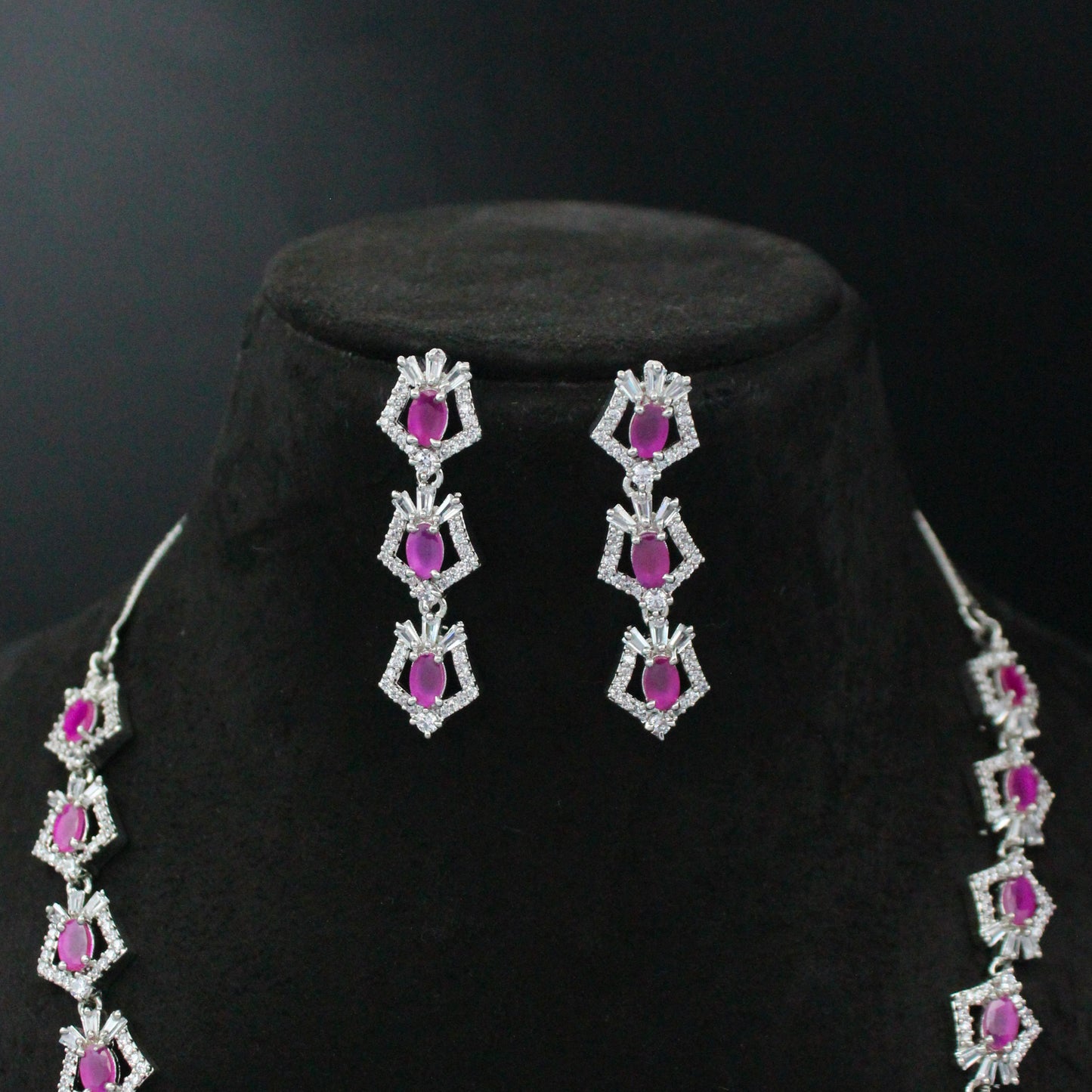 Platinum Dark Pink Short Necklace Set 16235