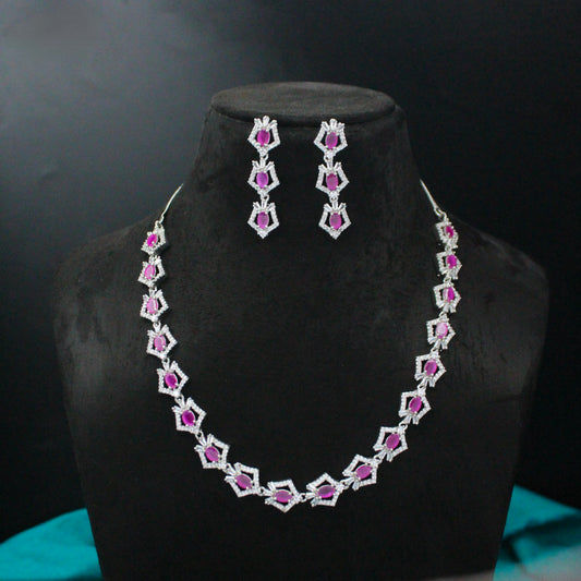 Platinum Dark Pink Short Necklace Set 16235