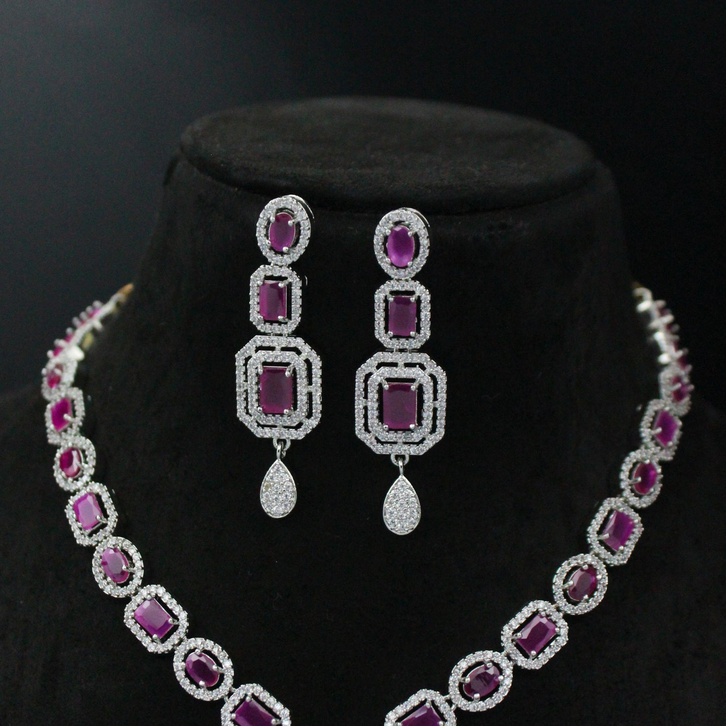 Platinum Dark Pink Short Necklace Set Square Stone 31077