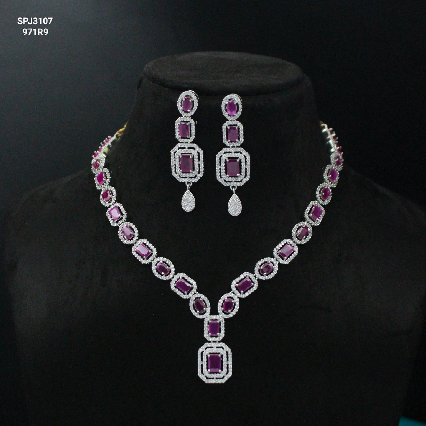 Platinum Dark Pink Short Necklace Set Square Stone 31077