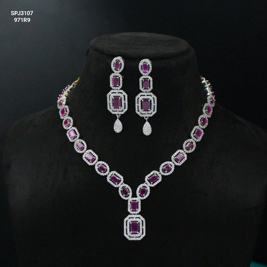Platinum Dark Pink Short Necklace Set Square Stone 31077