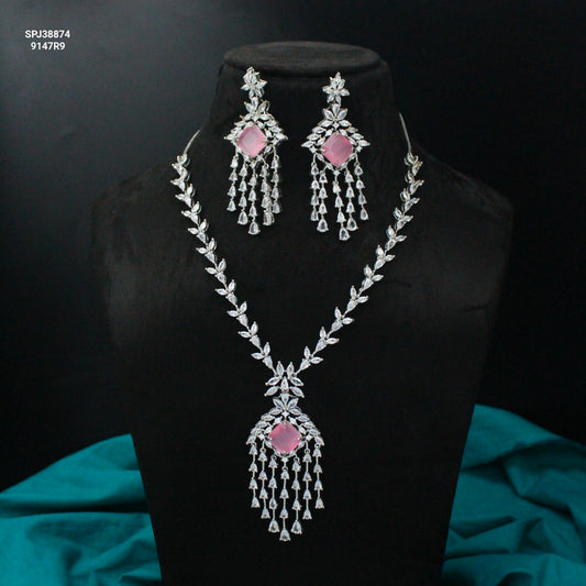 Platinum Mint Pink Hangings Short Necklace Set With Push Back Earrings 38874